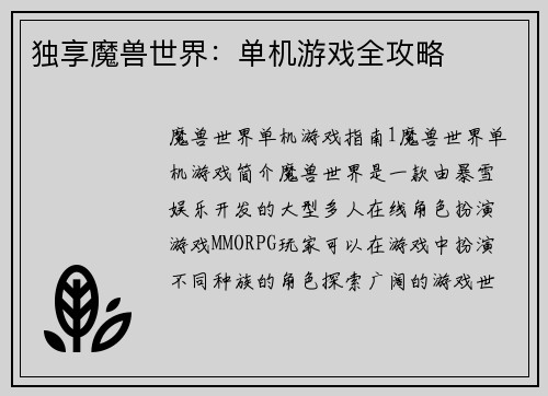 独享魔兽世界：单机游戏全攻略